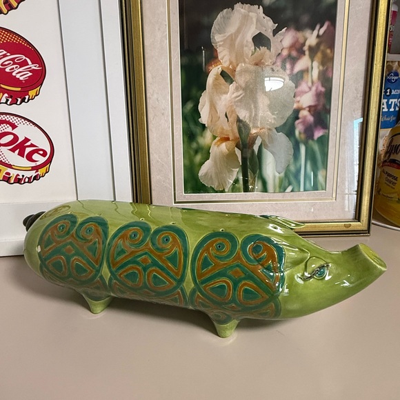 Other - Green Ceramic Decorative Pig Figurine with Teal Accents